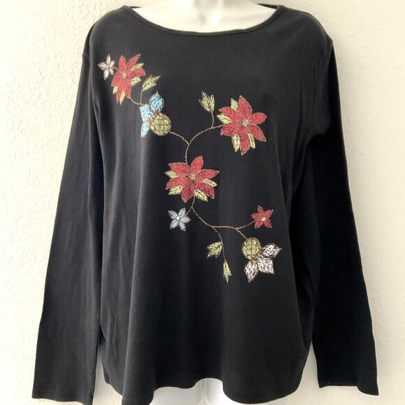VINTAGE CJ BANKS POINSETTIA HOLIDAY CHRISTMAS T-SHIRT PLUS BLACK - Picture 1 of 8